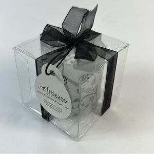 Artisano Design Frosted Glass Floral Candle Holder | Black Ribbon Gift Box Decor